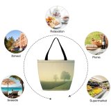 Yanfind Shopping Bag for Ladies Fog Outdoors Mist Tree Road Path Foggy Landscape Fall Autumn Field Rural Reusable Multipurpose Heavy Duty Grocery Bag for Outdoors.