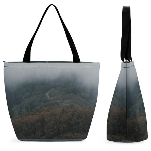 Yanfind Shopping Bag for Ladies Grey Outdoors Fog Mist Tree Trail Hike Cloud Forest Hiking Abies Fir Reusable Multipurpose Heavy Duty Grocery Bag for Outdoors.