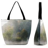 Yanfind Shopping Bag for Ladies Fog Outdoors Mist Art Grey Morning Lake Tree Wood Island Home Early Reusable Multipurpose Heavy Duty Grocery Bag for Outdoors.