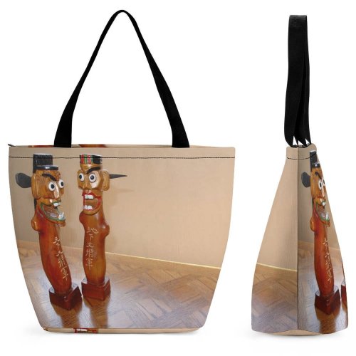 Yanfind Shopping Bag for Ladies Korea Korean Totem Poles Wood Scary Ugly Sculpture Art Decorative Nutcracker Artifact Reusable Multipurpose Heavy Duty Grocery Bag for Outdoors.