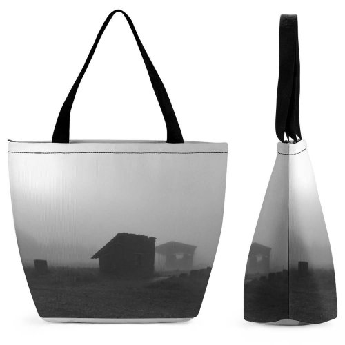 Yanfind Shopping Bag for Ladies Grey Outdoors Building Countryside Bulgaria Housing Rural Hut Shack Drugan Frost Fog Reusable Multipurpose Heavy Duty Grocery Bag for Outdoors.