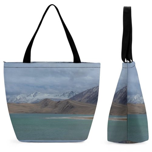 Yanfind Shopping Bag for Ladies Grey Outdoors Range Slope Scenery Land Plateau Promontory Lake Road Reusable Multipurpose Heavy Duty Grocery Bag for Outdoors.