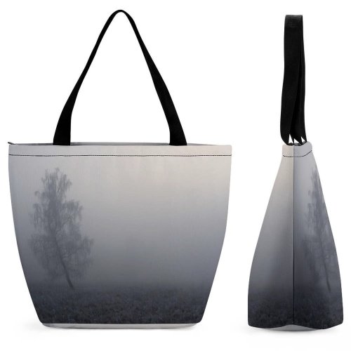 Yanfind Shopping Bag for Ladies Grey Fog Haze Tree Winter Frost Landscape Mist Outdoors Alone Gust Wind Reusable Multipurpose Heavy Duty Grocery Bag for Outdoors.