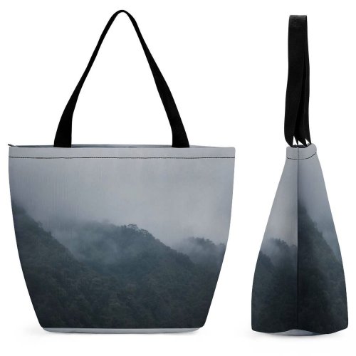 Yanfind Shopping Bag for Ladies Grey Outdoors Fog Mist Uttarakhand India Vijaythewanderer Overcast Rainy Temperature Mild Reusable Multipurpose Heavy Duty Grocery Bag for Outdoors.