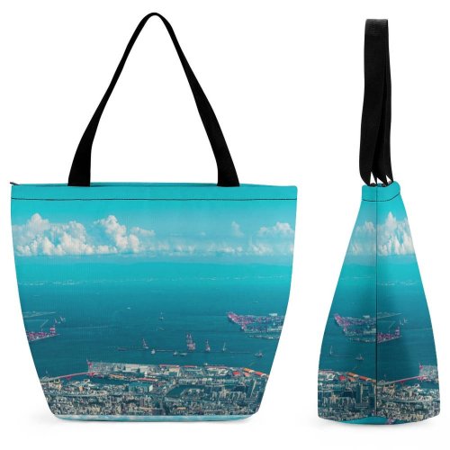 Yanfind Shopping Bag for Ladies Harbor Port Ocean Dock Pier Waterfront Outdoors Landscape Scenery Coast Shoreline City Reusable Multipurpose Heavy Duty Grocery Bag for Outdoors.