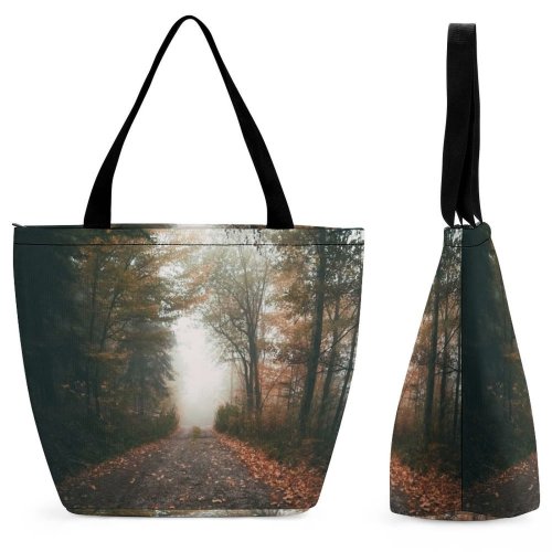Yanfind Shopping Bag for Ladies Fog Path Road Vendryně Czechia Outdoors Fall Ground Mist Asphalt Tarmac Tree Reusable Multipurpose Heavy Duty Grocery Bag for Outdoors.