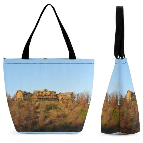 Yanfind Shopping Bag for Ladies Forest Cliff Hill Fall Autumn Real Estate Trees Tree Sky Home Family Reusable Multipurpose Heavy Duty Grocery Bag for Outdoors.