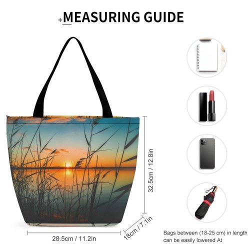 Yanfind Shopping Bag for Ladies Afterglow Scenery Clouds Reed Sunset Beach Peaceful Waters Sunrise Tranquil Outdoors Scenic Reusable Multipurpose Heavy Duty Grocery Bag for Outdoors.