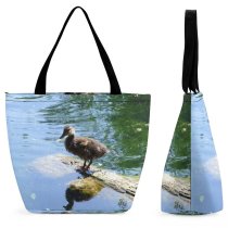 Yanfind Shopping Bag for Ladies Fluffy Duckling Baby Bird Pond Reflection Beak Duck Wildlife Lake Organism Reusable Multipurpose Heavy Duty Grocery Bag for Outdoors.
