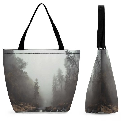 Yanfind Shopping Bag for Ladies Grey Fog Mist Tree Outdoors Forest Woodland River Rock Landscape Wildlife Reusable Multipurpose Heavy Duty Grocery Bag for Outdoors.