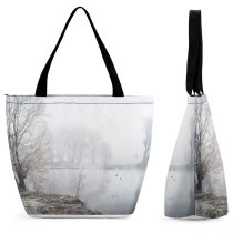 Yanfind Shopping Bag for Ladies Grey Fog Outdoors Birds Mist Isola Dovarese Italy Tree Path Lanscape Sunrise Reusable Multipurpose Heavy Duty Grocery Bag for Outdoors.