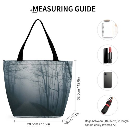 Yanfind Shopping Bag for Ladies Grey Outdoors Fog Mist Forest Tree Road Dark Dreary Mood Atmosphere Reusable Multipurpose Heavy Duty Grocery Bag for Outdoors.