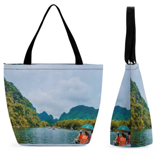 Yanfind Shopping Bag for Ladies Adventure Landscape Boat River Outdoors Scenic Lake Recreation Reusable Multipurpose Heavy Duty Grocery Bag for Outdoors.
