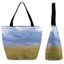 Yanfind Shopping Bag for Ladies Meadow Grassland Clouds Cereals Sky Field Natural Landscape Prairie Vegetation Grass Reusable Multipurpose Heavy Duty Grocery Bag for Outdoors.
