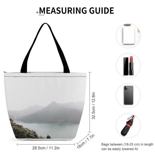 Yanfind Shopping Bag for Ladies Grey Outdoors Landscape Forest Tree Layers Lake Bush Flora Plant Vegetation Reusable Multipurpose Heavy Duty Grocery Bag for Outdoors.