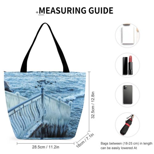 Yanfind Shopping Bag for Ladies Block Sea Winter Travel Snow Sky Frozen Texture Season Landscape Adventure Reusable Multipurpose Heavy Duty Grocery Bag for Outdoors.