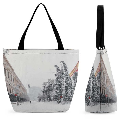 Yanfind Shopping Bag for Ladies Grey Outdoors Snow Espaa Winter Blizzard Storm Plaza De Colón Flag Reusable Multipurpose Heavy Duty Grocery Bag for Outdoors.