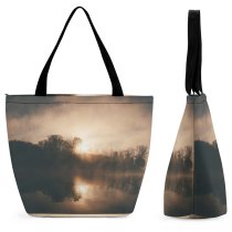 Yanfind Shopping Bag for Ladies Fog Outdoors Mist Sunrise Light Sky Adventure Reflection Lake Tree River Reusable Multipurpose Heavy Duty Grocery Bag for Outdoors.
