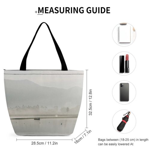Yanfind Shopping Bag for Ladies Fog Outdoors Grey Mist Birds Boat Transportation Vehicle Tree Lake Landscape Reusable Multipurpose Heavy Duty Grocery Bag for Outdoors.