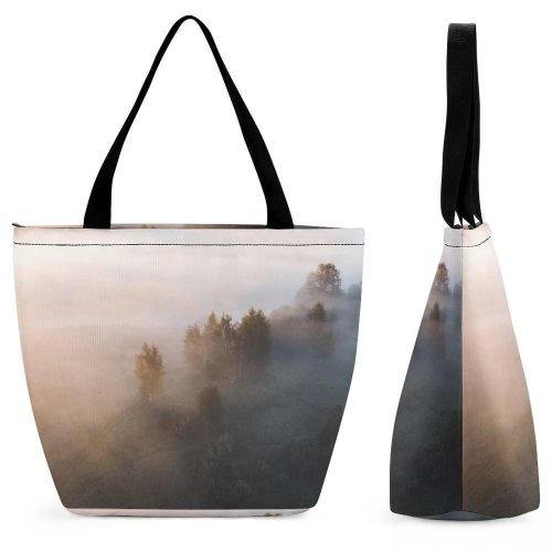 Yanfind Shopping Bag for Ladies Fog Outdoors Mist Tree Sunrise Grey Stock Reusable Multipurpose Heavy Duty Grocery Bag for Outdoors.