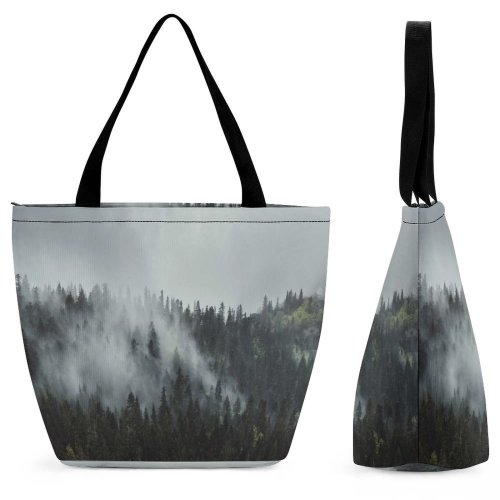 Yanfind Shopping Bag for Ladies Grey Tree Plant Abies Fir Pine Conifer Fog Zabljak Montenegro Spruce Outdoors Reusable Multipurpose Heavy Duty Grocery Bag for Outdoors.