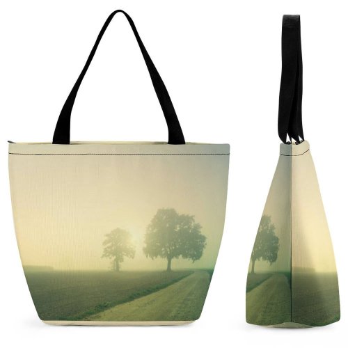 Yanfind Shopping Bag for Ladies Fog Outdoors Mist Tree Road Path Foggy Landscape Fall Autumn Field Rural Reusable Multipurpose Heavy Duty Grocery Bag for Outdoors.