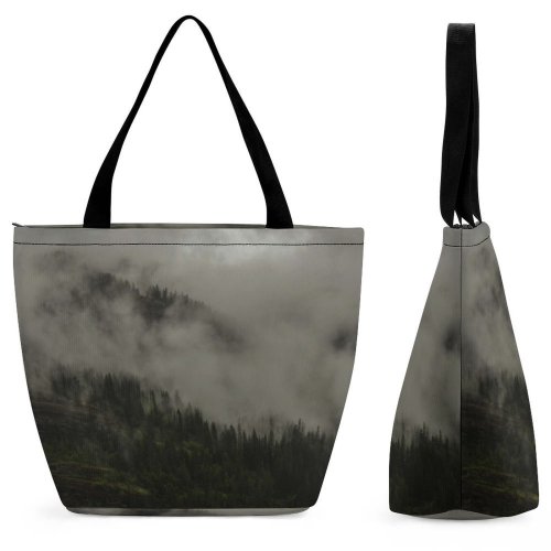 Yanfind Shopping Bag for Ladies Grey Fog Outdoors Abies Fir Plant Tree Montana United States Mist Gloomy Reusable Multipurpose Heavy Duty Grocery Bag for Outdoors.