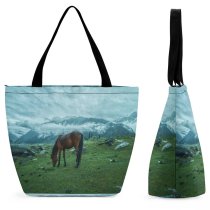 Yanfind Shopping Bag for Ladies Horse Field Grassland Outdoors Countryside Farm Rural Grazing Meadow Pasture Ranch Sonamarg Reusable Multipurpose Heavy Duty Grocery Bag for Outdoors.