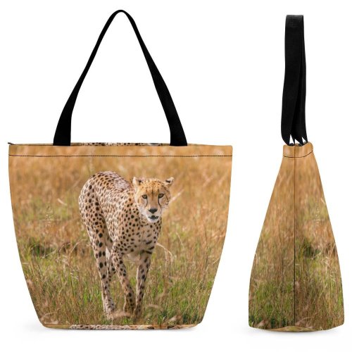 Yanfind Shopping Bag for Ladies Young Species Grass Cheetah Wild Outdoors Wildlife Grassland Barbaric Endangered Kruger Reusable Multipurpose Heavy Duty Grocery Bag for Outdoors.