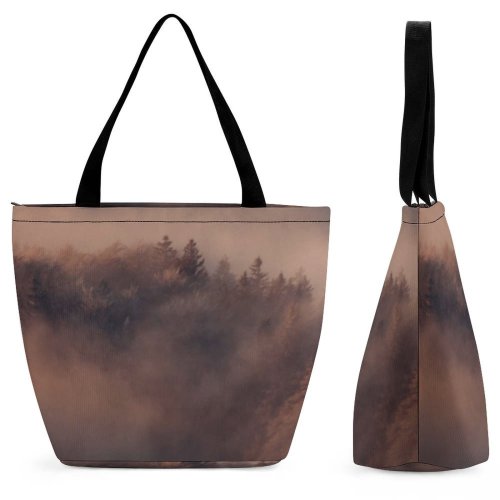 Yanfind Shopping Bag for Ladies Fog Outdoors Mist Grey Wood Forest Reusable Multipurpose Heavy Duty Grocery Bag for Outdoors.