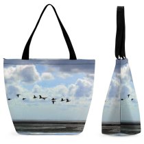 Yanfind Shopping Bag for Ladies Geese Goose Flying Birds Coast Sea Migrating Migration Estuary Sky Bird Flock Reusable Multipurpose Heavy Duty Grocery Bag for Outdoors.
