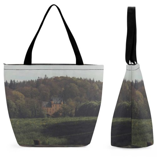 Yanfind Shopping Bag for Ladies Grey Outdoors Field Grassland Countryside Farm Rural Meadow Building Pasture Ranch Grass Reusable Multipurpose Heavy Duty Grocery Bag for Outdoors.