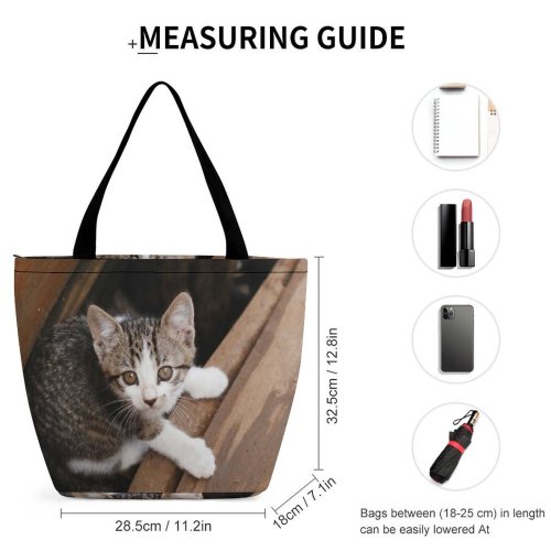 Yanfind Shopping Bag for Ladies Young Stripe Funny Kitten Wood Portrait Curiosity Cute Little Sit Cat Reusable Multipurpose Heavy Duty Grocery Bag for Outdoors.