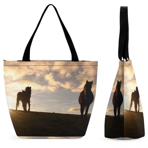 Yanfind Shopping Bag for Ladies Horse Wild Outdoor Funny Sky Cloud Silhouette Morning Evening Wildlife Mustang Stallion Reusable Multipurpose Heavy Duty Grocery Bag for Outdoors.