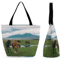 Yanfind Shopping Bag for Ladies Horse Field Grassland Outdoors Hekla Iceland Countryside Farm Grazing Meadow Pasture Ranch Reusable Multipurpose Heavy Duty Grocery Bag for Outdoors.