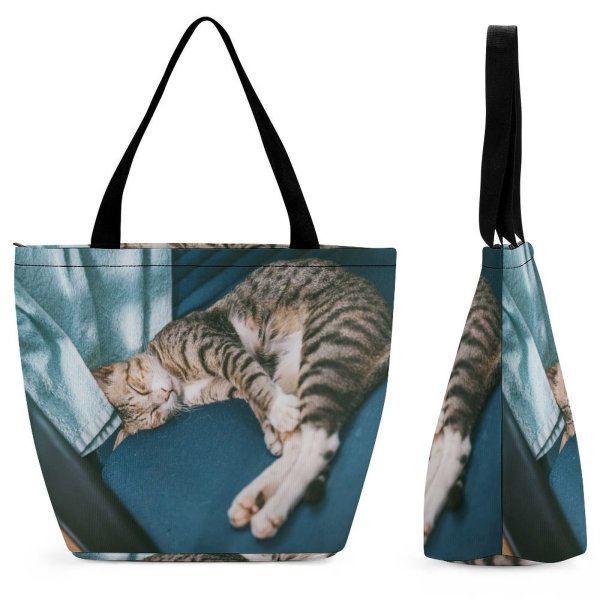 Yanfind Shopping Bag for Ladies Young Pet Sleeping Kitten Tabby Whiskers Cute Stripes Sleepy Little Face Cat Reusable Multipurpose Heavy Duty Grocery Bag for Outdoors.