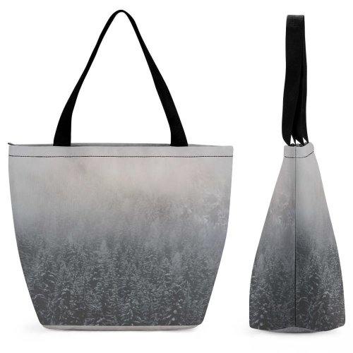 Yanfind Shopping Bag for Ladies Grey Snow Frost Outdoors Valgrisenche Italy Fog Mist Forest Woodland Tree Reusable Multipurpose Heavy Duty Grocery Bag for Outdoors.