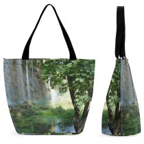 Yanfind Shopping Bag for Ladies Lake Beautiful Mist Waterfall Resources Natural Landscape Vegetation Watercourse Reusable Multipurpose Heavy Duty Grocery Bag for Outdoors.