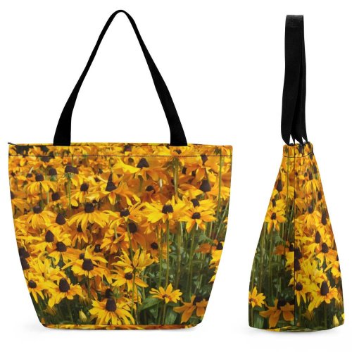 Yanfind Shopping Bag for Ladies Flowers Summer Field Gold Golden Flower Eyed Susan Plant Flowering Petal Leaf Reusable Multipurpose Heavy Duty Grocery Bag for Outdoors.