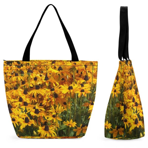Yanfind Shopping Bag for Ladies Flowers Summer Field Gold Golden Flower Eyed Susan Plant Flowering Petal Leaf Reusable Multipurpose Heavy Duty Grocery Bag for Outdoors.