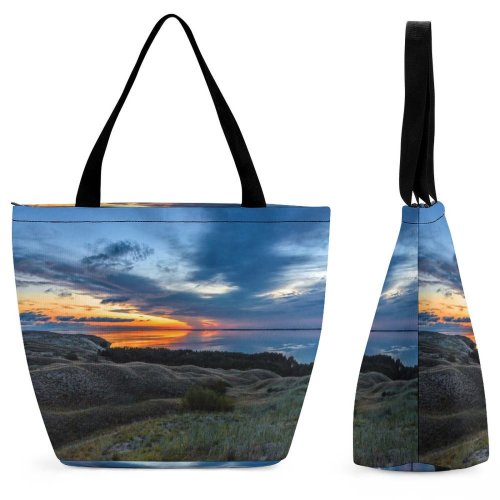 Yanfind Shopping Bag for Ladies Afterglow Scenery Clouds Sunset Oceanside Hills Beach Sunrise Scenic Outdoors Horizon Seashore Reusable Multipurpose Heavy Duty Grocery Bag for Outdoors.