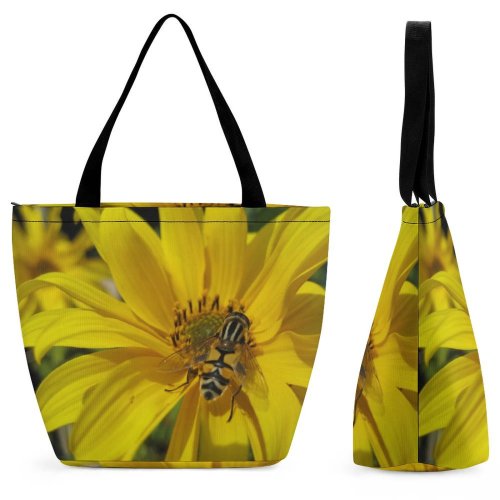 Yanfind Shopping Bag for Ladies Honeybee Bee Flower Garden Summer Insect Plant Petal Pollen Flowering Reusable Multipurpose Heavy Duty Grocery Bag for Outdoors.