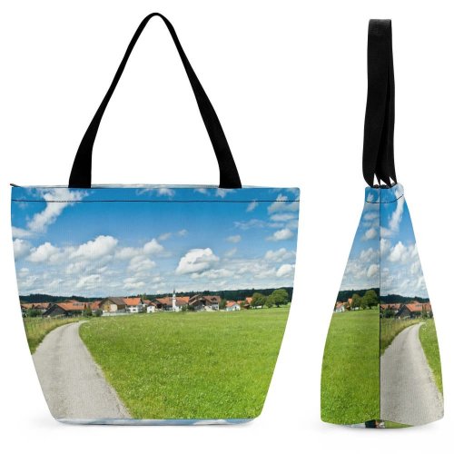 Yanfind Shopping Bag for Ladies German Village Houses Summer Farmers Markoberdorf Grassland Sky Natural Landscape Grass Land Reusable Multipurpose Heavy Duty Grocery Bag for Outdoors.
