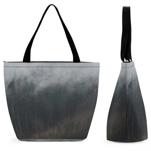 Yanfind Shopping Bag for Ladies Grey Fog Mist Landscape Forest Tree Outdoors Scary Cloud Slope Hill Pine Reusable Multipurpose Heavy Duty Grocery Bag for Outdoors.