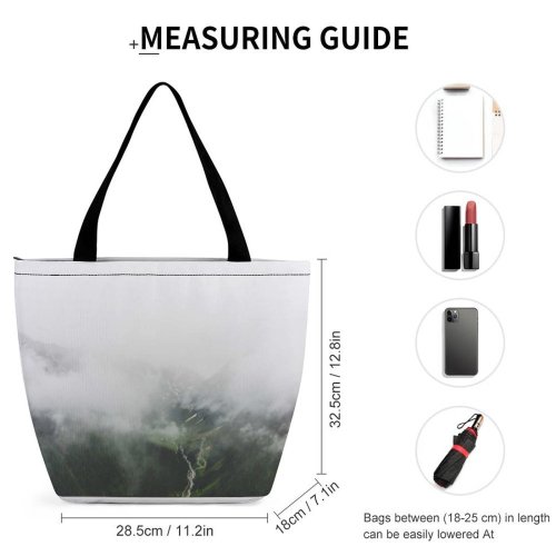 Yanfind Shopping Bag for Ladies Grey Outdoors Fog Mist Landscape Valley Cloud Hut Range Adventure Leisure Reusable Multipurpose Heavy Duty Grocery Bag for Outdoors.