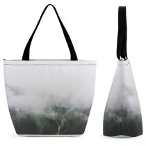 Yanfind Shopping Bag for Ladies Grey Outdoors Fog Mist Landscape Valley Cloud Hut Range Adventure Leisure Reusable Multipurpose Heavy Duty Grocery Bag for Outdoors.