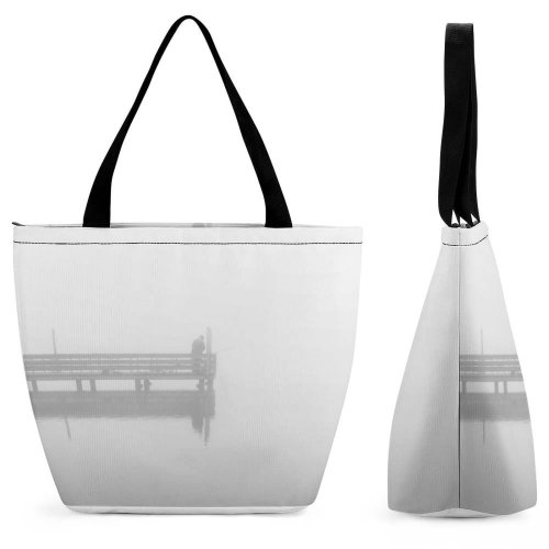 Yanfind Shopping Bag for Ladies Grey Fog Outdoors Building Dock Pier Port Waterfront Mist Fishing Public Reusable Multipurpose Heavy Duty Grocery Bag for Outdoors.