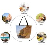 Yanfind Shopping Bag for Ladies Gold Golden Cliff Rock Beach Coast Rocks Tree Trees Sky Cloud Reusable Multipurpose Heavy Duty Grocery Bag for Outdoors.