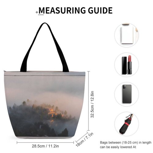 Yanfind Shopping Bag for Ladies Fog Mist Outdoors Golden Sunrise Spain Buildings Cloud Grey Stock Reusable Multipurpose Heavy Duty Grocery Bag for Outdoors.