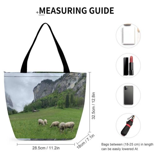 Yanfind Shopping Bag for Ladies Grassland Outdoors Countryside Grazing Meadow Pasture Ranch Rural Lauterbrunnen Farm Field Sheep Reusable Multipurpose Heavy Duty Grocery Bag for Outdoors.